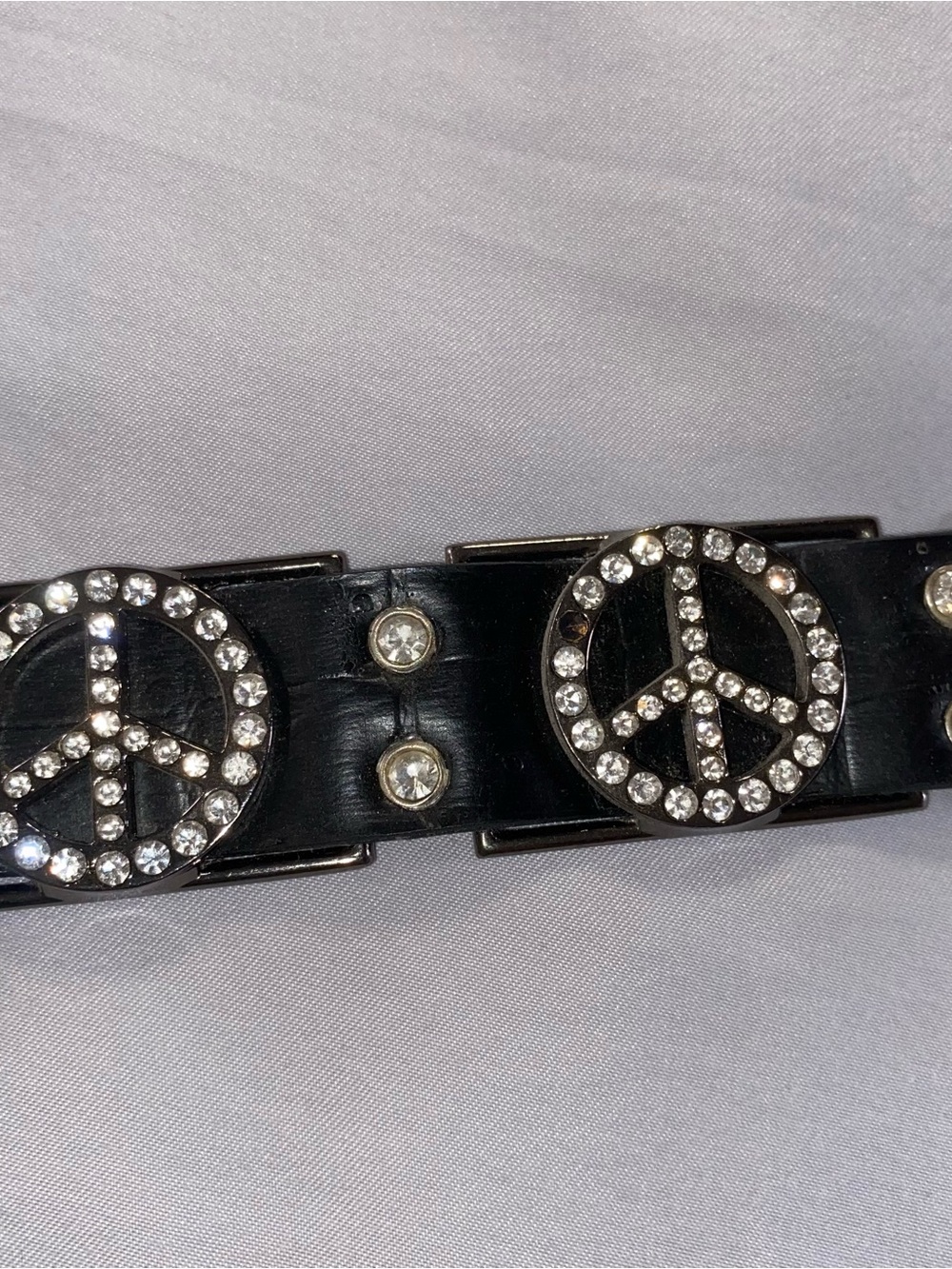 Rhinestone Studded Peace Sign Women's Black Silver Leather Belt Blingy Sz L Y2K